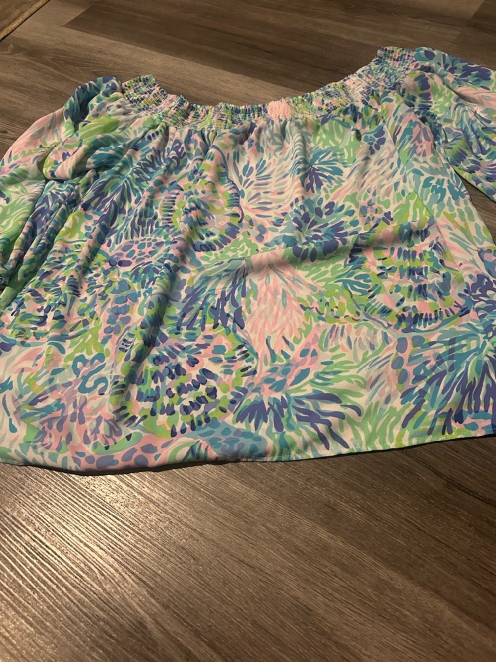 Off-Shoulder Floral Print Top in Pastel Blue, Pink & Green